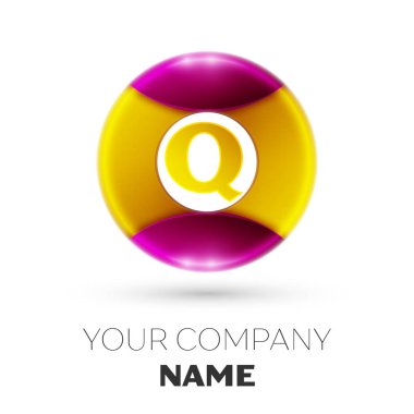 Gerçekçi harf Q vektör logosu simgesi beyaz arka plan üzerinde renkli daire içinde. Tasarımınız için vektör şablonu