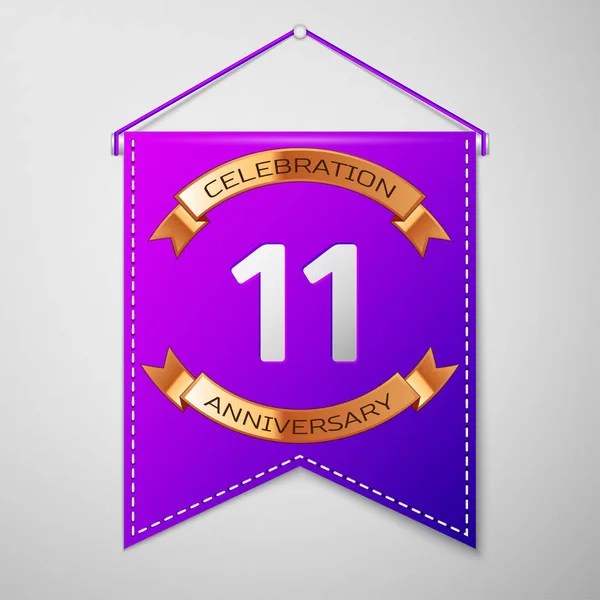 Фиолетовый пенал с надписью Eleven Years and Design на сером фоне. Золотая лента. Цветные элементы шаблона для вашего дня рождения. Векторная иллюстрация — стоковый вектор