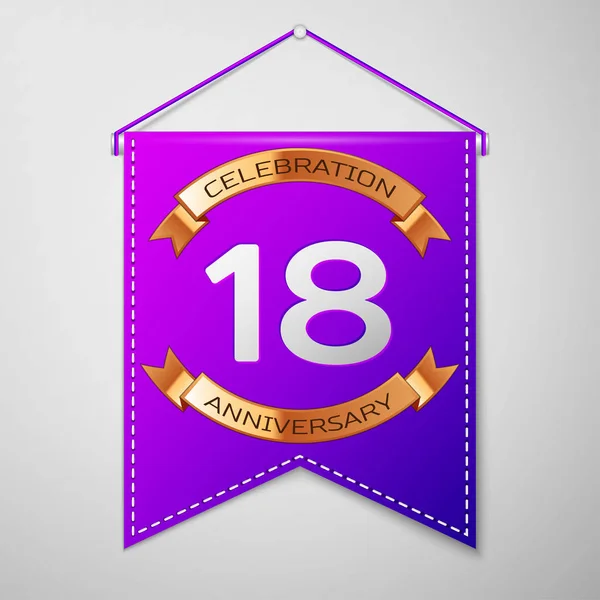 Candeeiro roxo realista com inscrição Dezoito anos Aniversário Celebration Design em fundo cinza. Fita dourada. Elementos de modelo coloridos para sua festa de aniversário. Ilustração vetorial — Vetor de Stock