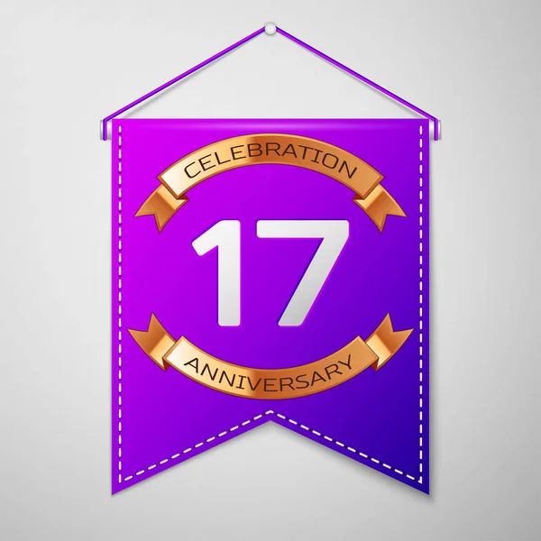 Realistic Purple pennant with inscription Seventeen Years Celebration Design on grey background. Золотая лента. Цветные элементы шаблона для вашего дня рождения. Векторная иллюстрация — стоковый вектор