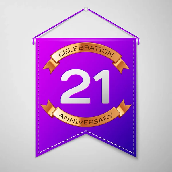 灰色の背景上の碑文の 20 年周年記念お祝いデザインと現実的な紫のペナント。ゴールデン リボン。あなたの誕生日パーティーのためのカラフルなテンプレート要素。ベクトル図 — ストックベクタ