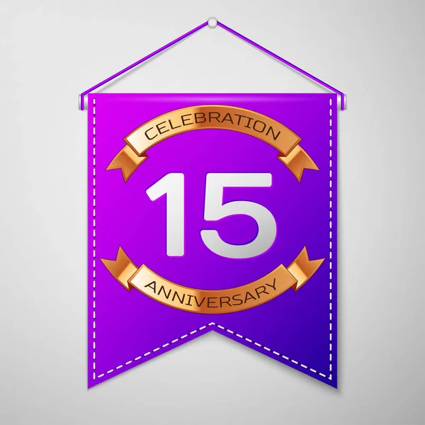 Candeeiro roxo realista com inscrição Fifteen Years Anniversary Celebration Design em fundo cinza. Fita dourada. Elementos de modelo coloridos para sua festa de aniversário. Ilustração vetorial — Vetor de Stock