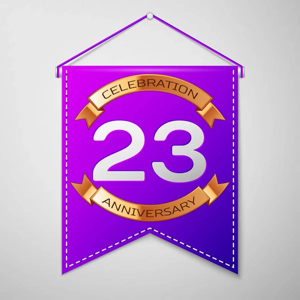 Banderín púrpura realista con inscripción Veintitrés años Aniversario Celebración Diseño sobre fondo gris. Cinta dorada. Coloridos elementos de plantilla para su fiesta de cumpleaños. Ilustración vectorial — Vector de stock