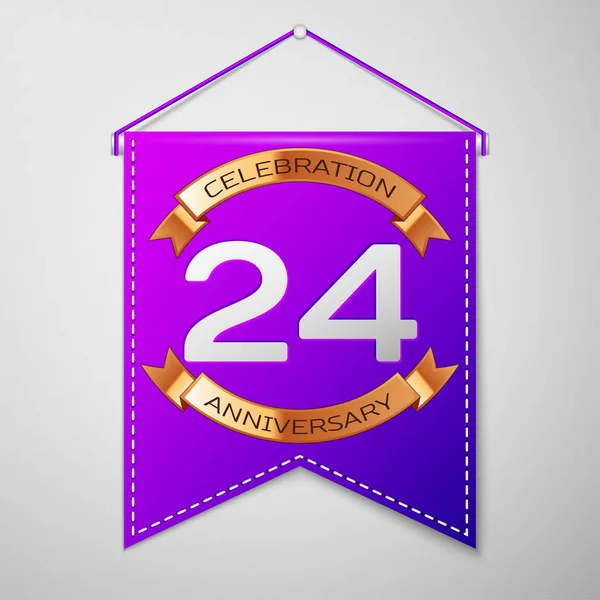 Candeeiro roxo realista com inscrição Vinte e quatro anos Aniversário Celebration Design em fundo cinza. Fita dourada. Elementos de modelo coloridos para sua festa de aniversário. Ilustração vetorial — Vetor de Stock