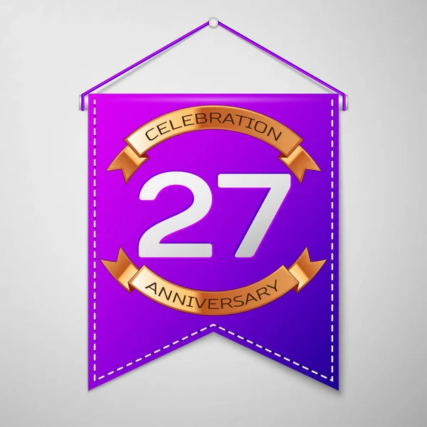 Фиолетовый пенал с надписью "Двадцать семь лет назад" на сером фоне. Золотая лента. Цветные элементы шаблона для вашего дня рождения. Векторная иллюстрация — стоковый вектор