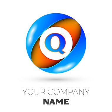 Gerçekçi harf Q vektör logosu simgesi beyaz arka plan üzerinde renkli daire içinde. Tasarımınız için vektör şablonu