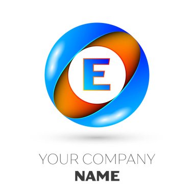 Gerçekçi harf E vektör logosu simgesi beyaz arka plan üzerinde renkli daire içinde. Tasarımınız için vektör şablonu