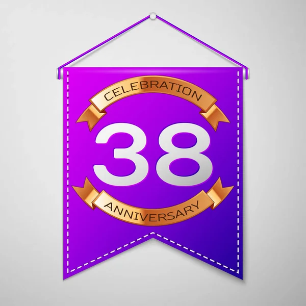 Candeeiro roxo realista com inscrição Trinta e oito anos Aniversário Celebration Design em fundo cinza. Fita dourada. Elementos de modelo coloridos para sua festa de aniversário. Ilustração vetorial — Vetor de Stock