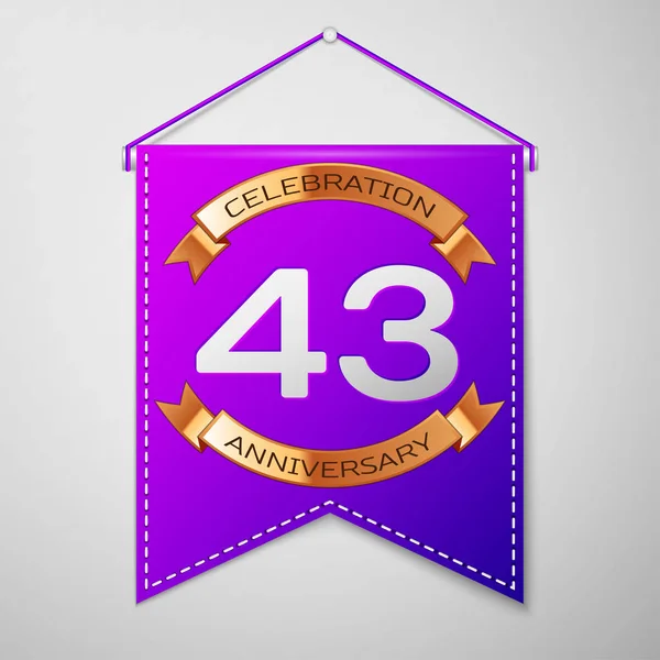 灰色の背景上の碑文 40 3 年周年記念お祝いデザインと現実的な紫のペナント。ゴールデン リボン。あなたの誕生日パーティーのためのカラフルなテンプレート要素。ベクトル図 — ストックベクタ