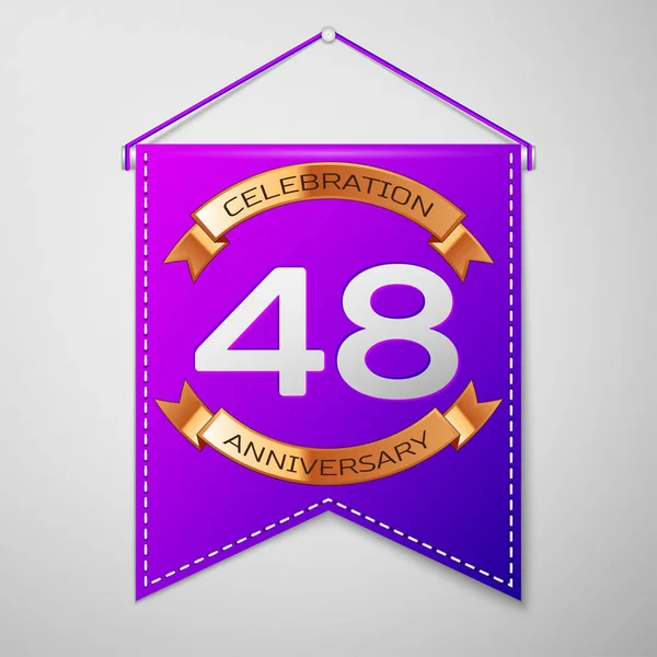 灰色の背景上の碑文 40 8 年周年記念お祝いデザインと現実的な紫のペナント。ゴールデン リボン。あなたの誕生日パーティーのためのカラフルなテンプレート要素。ベクトル図 — ストックベクタ