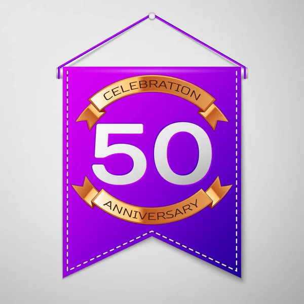 Фиолетовый пенал с надписью Fifty Year Anniversary Design на сером фоне. Золотая лента. Цветные элементы шаблона для вашего дня рождения. Векторная иллюстрация — стоковый вектор