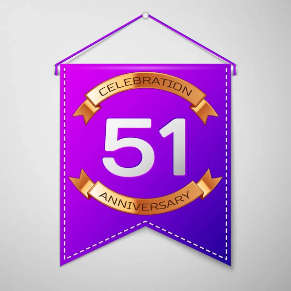 Фиолетовый пенал с надписью Fifty one Years Anniversary Design на сером фоне. Золотая лента. Цветные элементы шаблона для вашего дня рождения. Векторная иллюстрация — стоковый вектор