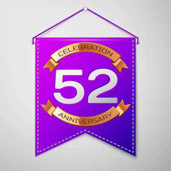 Фиолетовый пенал с надписью Fifty two Year Design на сером фоне. Золотая лента. Цветные элементы шаблона для вашего дня рождения. Векторная иллюстрация — стоковый вектор