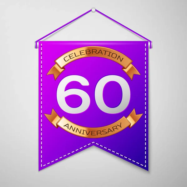 Реалистичный фиолетовый вымпел с надписью "Шестьдесят лет празднования Дизайн на сером фоне". Золотая лента. Цветные элементы шаблона для вашего дня рождения. Векторная иллюстрация — стоковый вектор