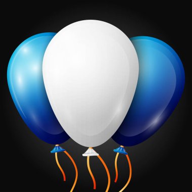 Gerçekçi beyaz, mavi balonlar siyah arka plan üzerine izole şeritler. Vektör çizim parlak renkli parlak balonlar