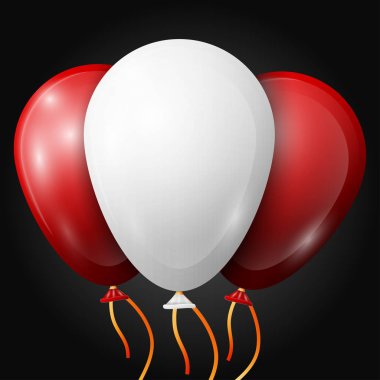 Gerçekçi beyaz ve kırmızı balonlar siyah arka plan üzerine izole şeritler. Vektör çizim parlak renkli parlak balonlar
