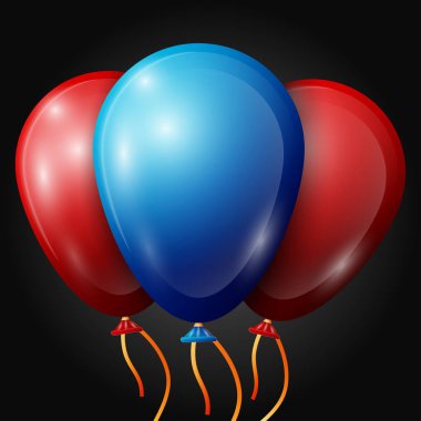 Gerçekçi kırmızı, mavi balonlar siyah arka plan üzerine izole şeritler. Vektör çizim parlak renkli parlak balonlar