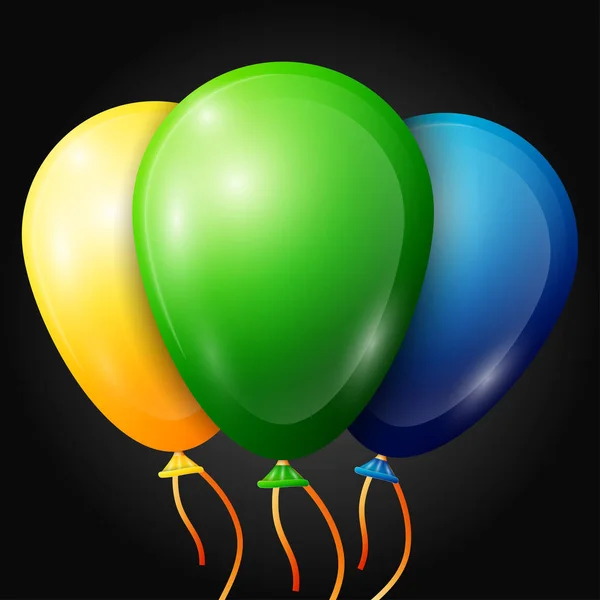 Globos realistas verdes, amarillos, azules, con cintas aisladas sobre fondo negro. Ilustración vectorial de brillantes globos brillantes de colores — Vector de stock