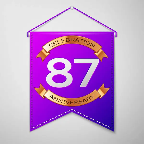 Candeeiro roxo realista com inscrição Eighty seven Years Anniversary Celebration Design em fundo cinza. Fita dourada. Elementos de modelo coloridos para sua festa de aniversário. Ilustração vetorial — Vetor de Stock