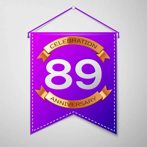 Candeeiro roxo realista com inscrição Eighty nine Years Anniversary Celebration Design em fundo cinza. Fita dourada. Elementos de modelo coloridos para sua festa de aniversário. Ilustração vetorial — Vetor de Stock