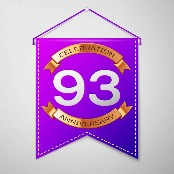 Pennant roxo realista com inscrição Noventa e três anos Aniversário Celebration Design em fundo cinza. Fita dourada. Elementos de modelo coloridos para sua festa de aniversário. Ilustração vetorial — Vetor de Stock