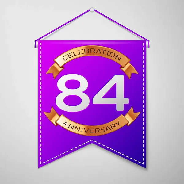 灰色の背景上の碑文の 80 4 年周年記念お祝いデザインと現実的な紫のペナント。ゴールデン リボン。あなたの誕生日パーティーのためのカラフルなテンプレート要素。ベクトル図 — ストックベクタ
