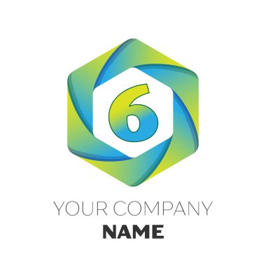 Gerçekçi altı numaralı vektör logo simge renkli beyaz zemin üzerine altıgen. Tasarımınız için vektör şablonu