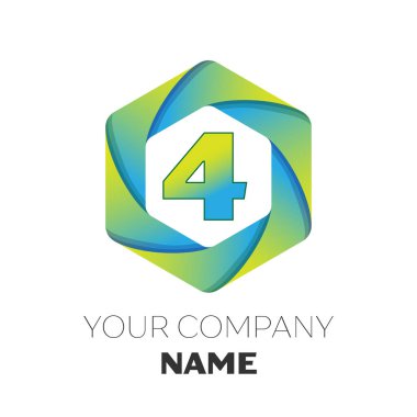 Gerçekçi dört numaralı vektör logo simge renkli beyaz zemin üzerine altıgen. Tasarımınız için vektör şablonu