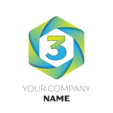 Gerçekçi üç numaralı vektör logo simge renkli beyaz zemin üzerine altıgen. Tasarımınız için vektör şablonu