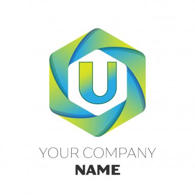 Gerçekçi harf U vektör logo simge renkli beyaz zemin üzerine altıgen. Tasarımınız için vektör şablonu