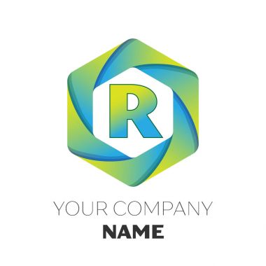 Gerçekçi harf R vektör logo simge renkli beyaz zemin üzerine altıgen. Tasarımınız için vektör şablonu