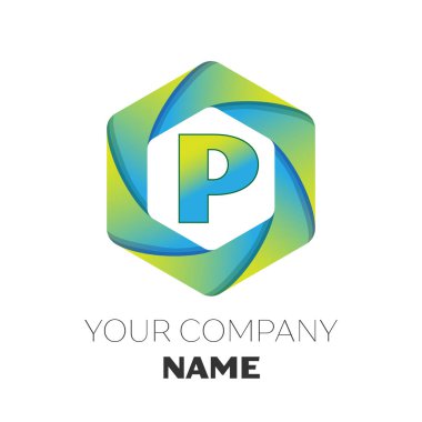 Gerçekçi harf P vektör logo simge renkli beyaz zemin üzerine altıgen. Tasarımınız için vektör şablonu