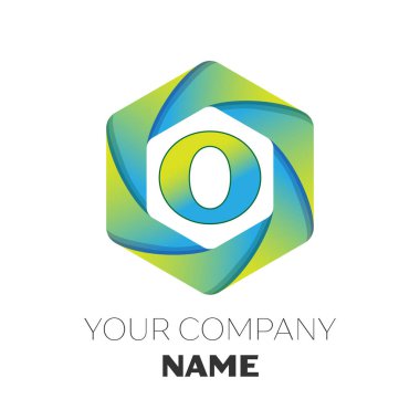 Gerçekçi harf O vektör logo simge renkli beyaz zemin üzerine altıgen. Tasarımınız için vektör şablonu