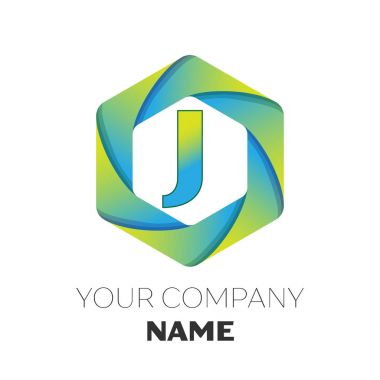 Gerçekçi harf J vektör logo simge renkli beyaz zemin üzerine altıgen. Tasarımınız için vektör şablonu