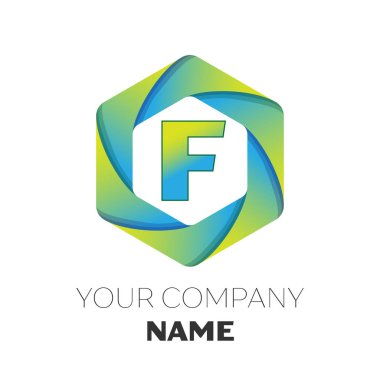 Gerçekçi harf F vektör logo simge renkli beyaz zemin üzerine altıgen. Tasarımınız için vektör şablonu