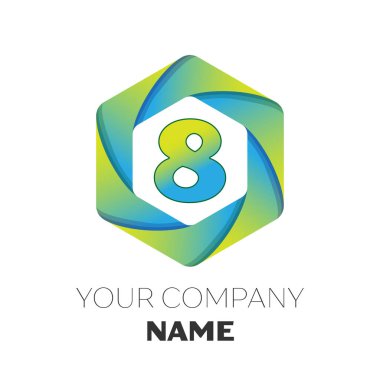 Gerçekçi sekiz vektör logo simge renkli beyaz zemin üzerine altıgen. Tasarımınız için vektör şablonu