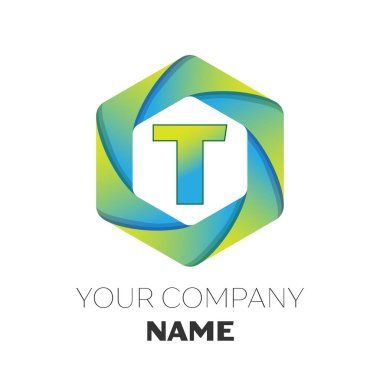 Gerçekçi mektup T vektör logo simge renkli beyaz zemin üzerine altıgen. Tasarımınız için vektör şablonu