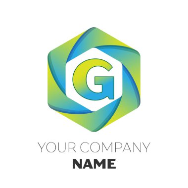 Gerçekçi harf G vektör logo simge renkli beyaz zemin üzerine altıgen. Tasarımınız için vektör şablonu