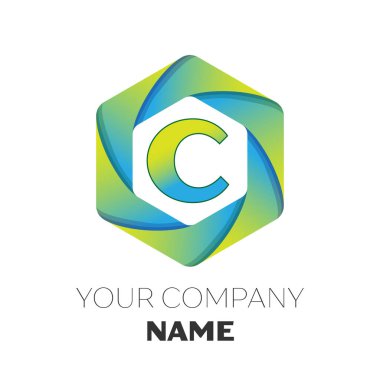 Gerçekçi harf C vektör logo simge renkli beyaz zemin üzerine altıgen. Tasarımınız için vektör şablonu