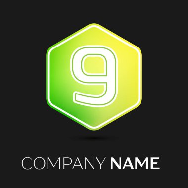 Gerçekçi dokuz numaralı vektör logo simge renkli siyah arka plan üzerine altıgen. Tasarımınız için vektör şablonu
