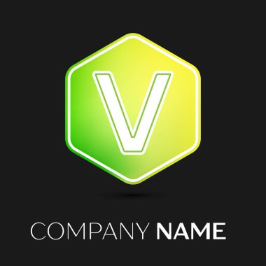 Gerçekçi harf V vektör logo simge renkli siyah arka plan üzerine altıgen. Tasarımınız için vektör şablonu