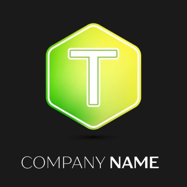Gerçekçi mektup T vektör logo simge renkli siyah arka plan üzerine altıgen. Tasarımınız için vektör şablonu