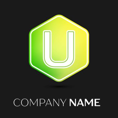 Gerçekçi harf U vektör logo simge renkli siyah arka plan üzerine altıgen. Tasarımınız için vektör şablonu