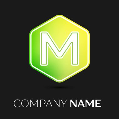 Gerçekçi mektup M vektör logo simge renkli siyah arka plan üzerine altıgen. Tasarımınız için vektör şablonu