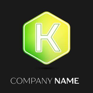 Gerçekçi mektup K vektör logo simge renkli siyah arka plan üzerine altıgen. Tasarımınız için vektör şablonu