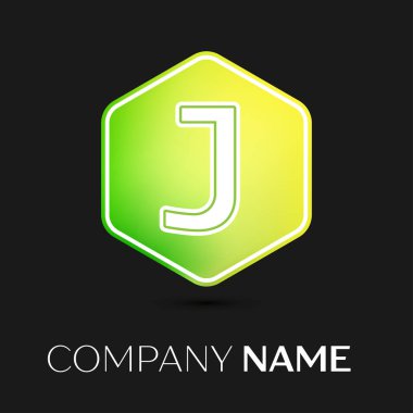 Gerçekçi harf J vektör logo simge renkli siyah arka plan üzerine altıgen. Tasarımınız için vektör şablonu