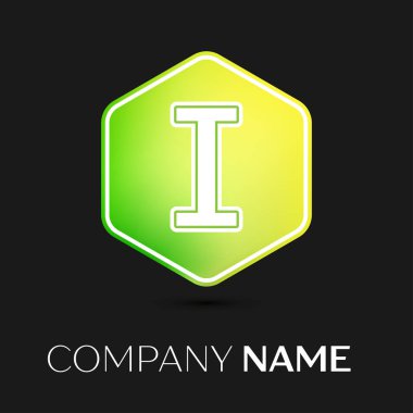 Gerçekçi mektup ' renkli logo sembol siyah arka plan üzerine altıgen vektör. Tasarımınız için vektör şablonu