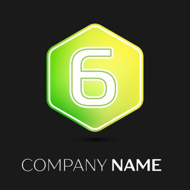 Gerçekçi altı numaralı vektör logo simge renkli siyah arka plan üzerine altıgen. Tasarımınız için vektör şablonu