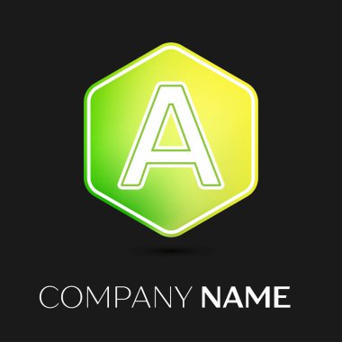 Gerçekçi harf A vektör logo simge renkli siyah arka plan üzerine altıgen. Tasarımınız için vektör şablonu