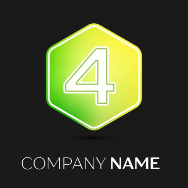 Gerçekçi dört numaralı vektör logo simge renkli siyah arka plan üzerine altıgen. Tasarımınız için vektör şablonu
